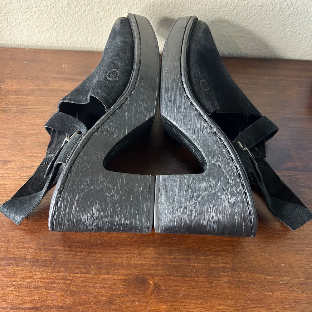 Born Sandals 10 Black Suede Platform Slingback Clogs Square Toe Chunky Heel - Picture 6 of 7